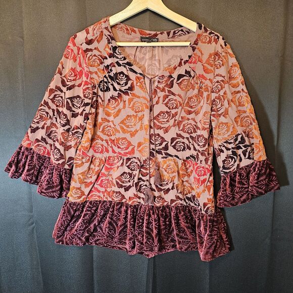 RXB Burgundy Red Gold Floral Velvet Burnout Velour Top Tiered Bell Sleeves Small - Picture 2 of 10